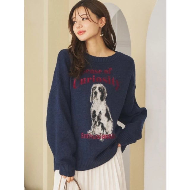 ドッグ柄シャギーニットプルオーバー （アイボリー）