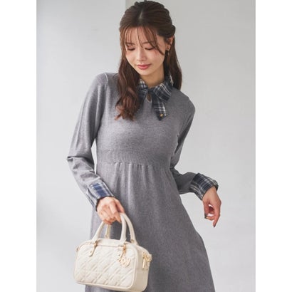 チェック襟ニットワンピース （グレー）｜詳細画像