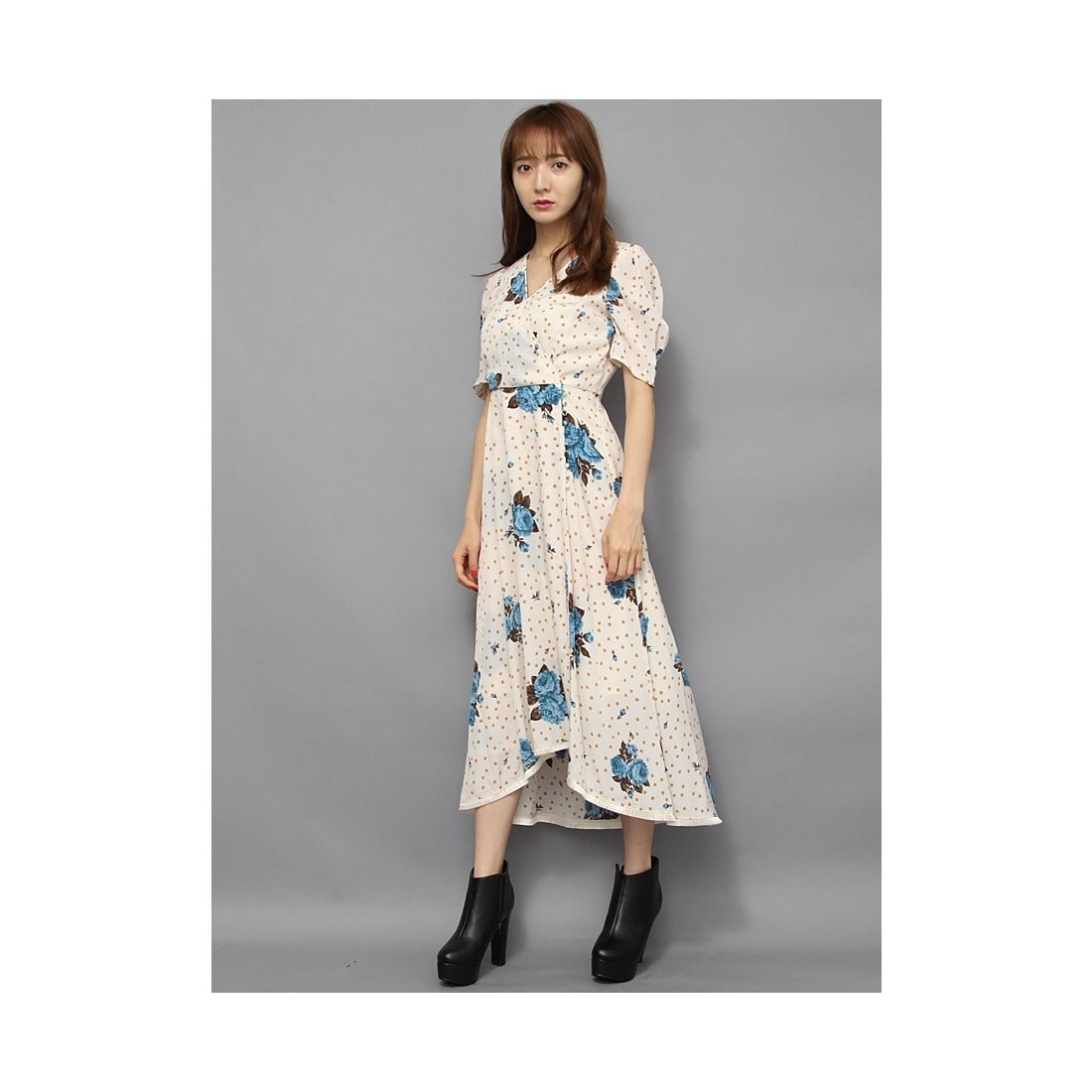 LILY BROWN Lily Brown ドットローズ柄ロングワンピース キャメル 