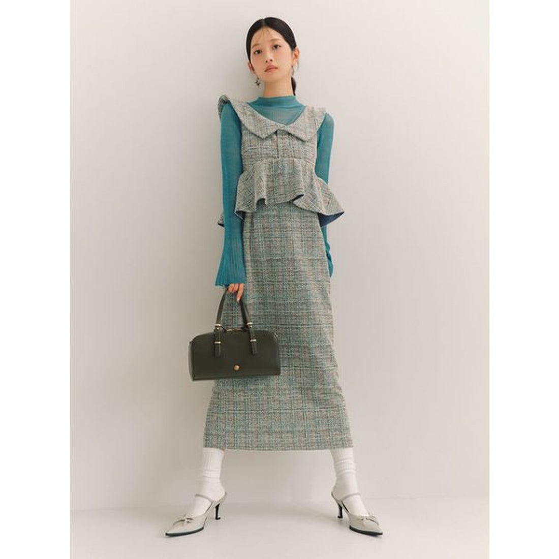 リリーブラウン LILY BROWN ツイードペプラムワンピース （BLK 