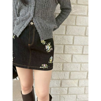 [L.B CANDY STOCK] エンブロイダリーデニムミニスカート （BLK）｜詳細画像