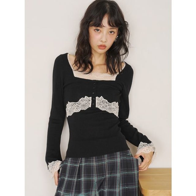 【限定カラー】レーストリムニットトップス （BLK）