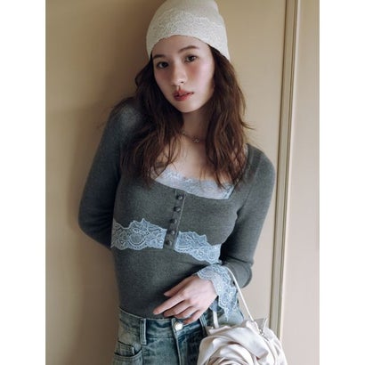 【限定カラー】レーストリムニットトップス （GRY）｜詳細画像