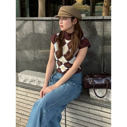 [L.B CANDY STOCK] ビジューアーガイルニットトップス （GRY）｜詳細画像