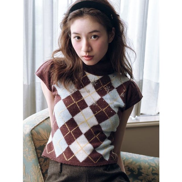 [L.B CANDY STOCK] ビジューアーガイルニットトップス （BRW）
