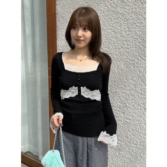 【限定カラー】レーストリムニットトップス （BLK）