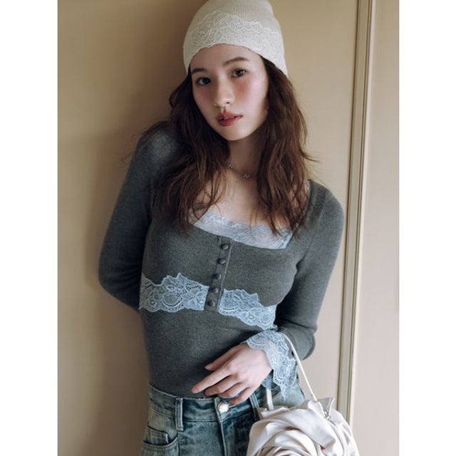 【限定カラー】レーストリムニットトップス （GRY）