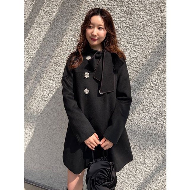 [L.B CANDY STOCK] ビジューボタンリボンコート （BLK）