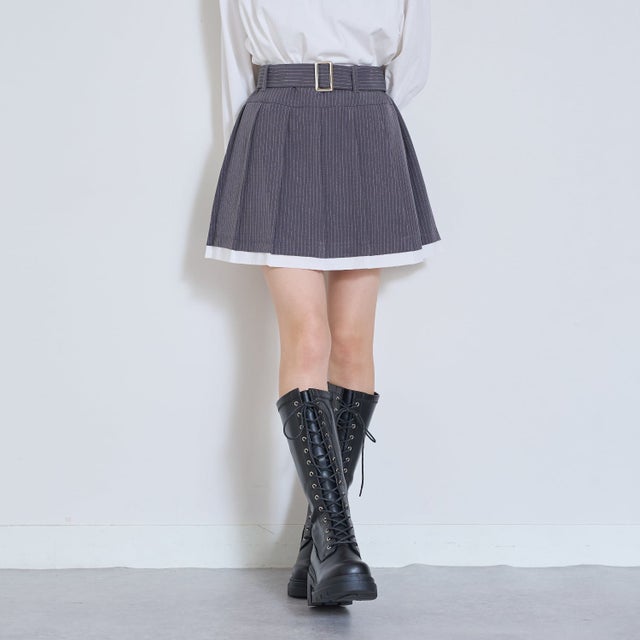 【LTXC】ベルトつきレイヤードヘムプリーツミニスカート （マルチ）