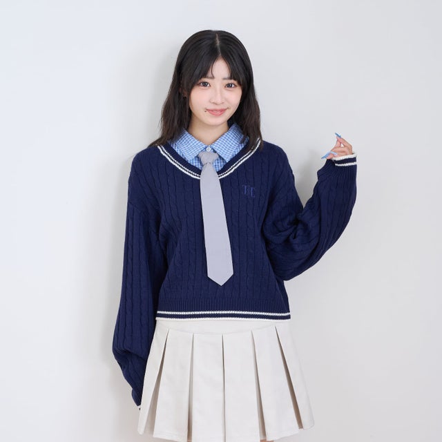 【洗える】¥nネクタイ付レイヤードニット （紺）