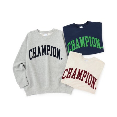 【LTXC/Champion/綿100%】\nフロッキーロゴネックプルオーバー （紺）｜詳細画像