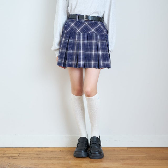 【起毛】ベルト付チェックプリーツスカート （ブルー）