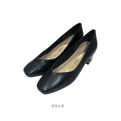 スクエアトゥデザインヒールパンプス （ブラック）｜詳細画像
