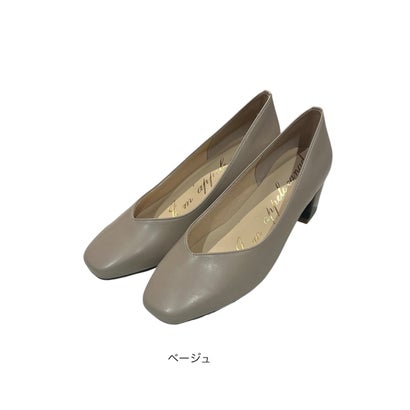 スクエアトゥデザインヒールパンプス （ベージュ）｜詳細画像