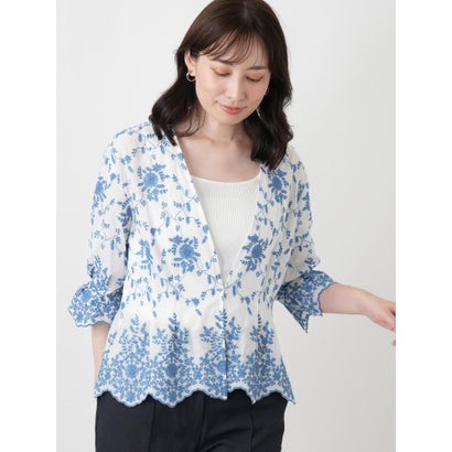 ボタニカル刺繍Vネックブラウス （ネイビー）｜詳細画像