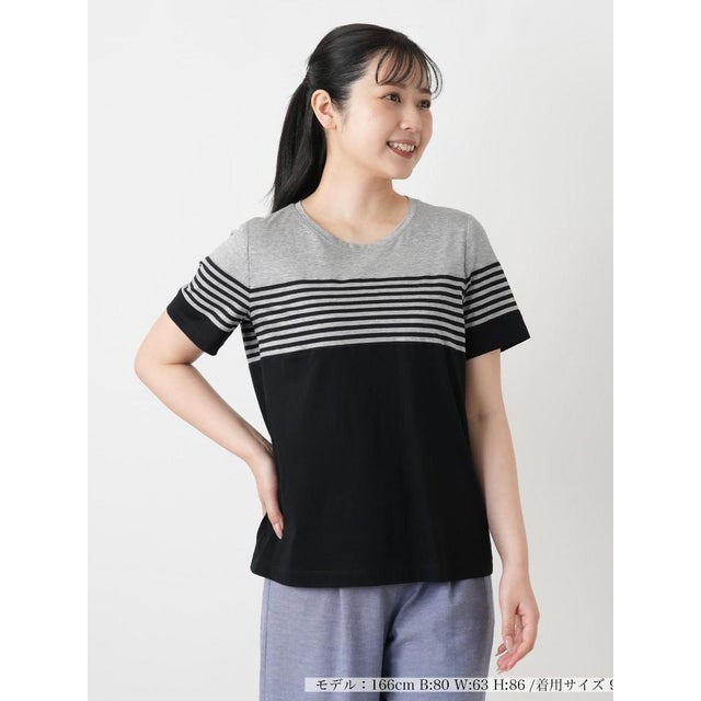 ボーダー切替クルーネックTシャツ （ブラック）