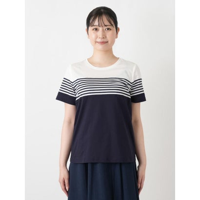 ボーダー切替クルーネックTシャツ （ネイビー）｜詳細画像