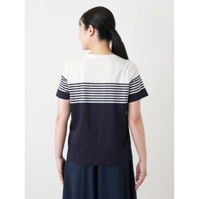 ボーダー切替クルーネックTシャツ （ネイビー）｜詳細画像