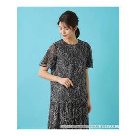 フラワー刺繍半袖プルオーバーブラウス （アッシュグレー）