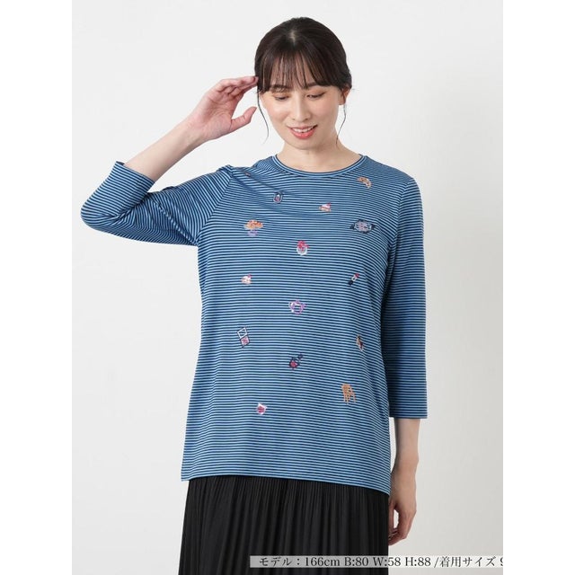 刺繍ボーダークルーネックカットソー （コバルトブルー）