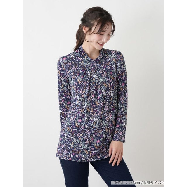 小花柄ハイネックカットソー【BINDA】 （ネイビー）