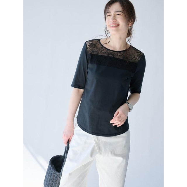 レースクルーネックTシャツ （ブラック）