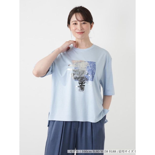 レース箔プリントTシャツ （スカイブルー）