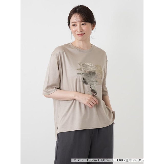 レース箔プリントTシャツ （キャメル）
