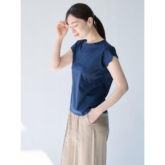 刺繍フレンチスリーブジャージプルオーバー （ネイビー）