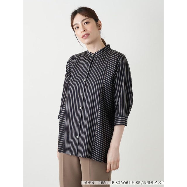 ストライプバンドカラーブラウス【ROCHAS Premiere】 （ネイビー）