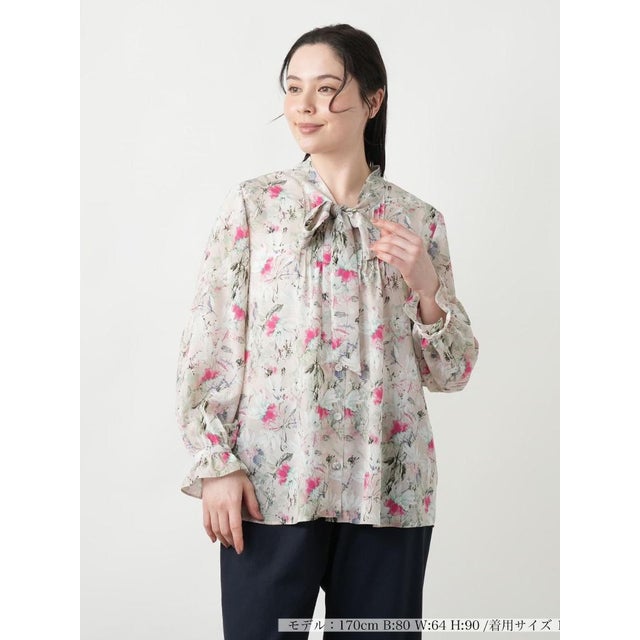【店頭人気】花柄ボウタイブラウス【ROCHAS Premiere】【ERICA】 （ベージュ）