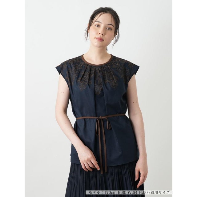 刺繍フレンチスリーブブラウス【BOURGE】 （ネイビー）