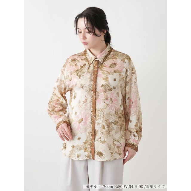 【店頭人気】アートフラワープリントシャツ【BOURGE】 （ベージュ）