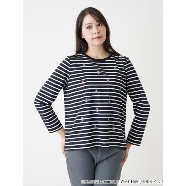 【店頭人気】刺繍ボーダーカットソー （ネイビー）