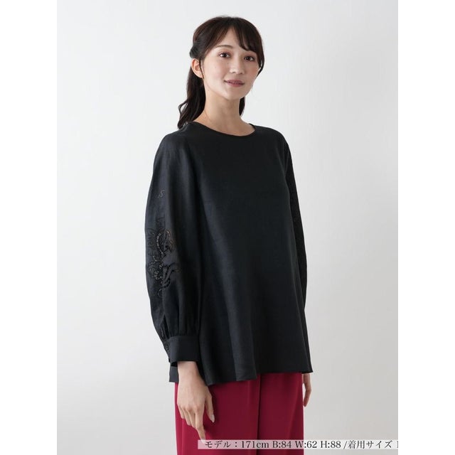 刺繍バルーンスリーブブラウス【プラス企画】 （ブラック）