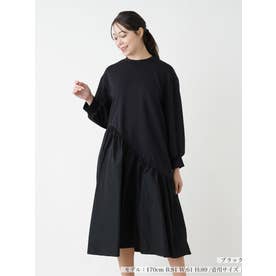 【店頭人気】異素材切替フレアワンピース【プラス企画】 （ブラック）