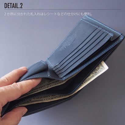 Leathertone 財布 姫路黒桟革× 栃木レザー 片マチ付札入れ 二つ折り財布 4LT0022   革の黒ダイヤ    黒桟革 藍染め （ネイビー）｜詳細画像