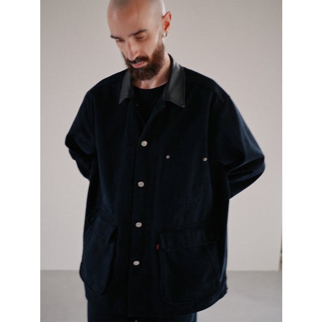 PREMIUM BLACK LEATHER WORK DENIM JACKET （Blacks）