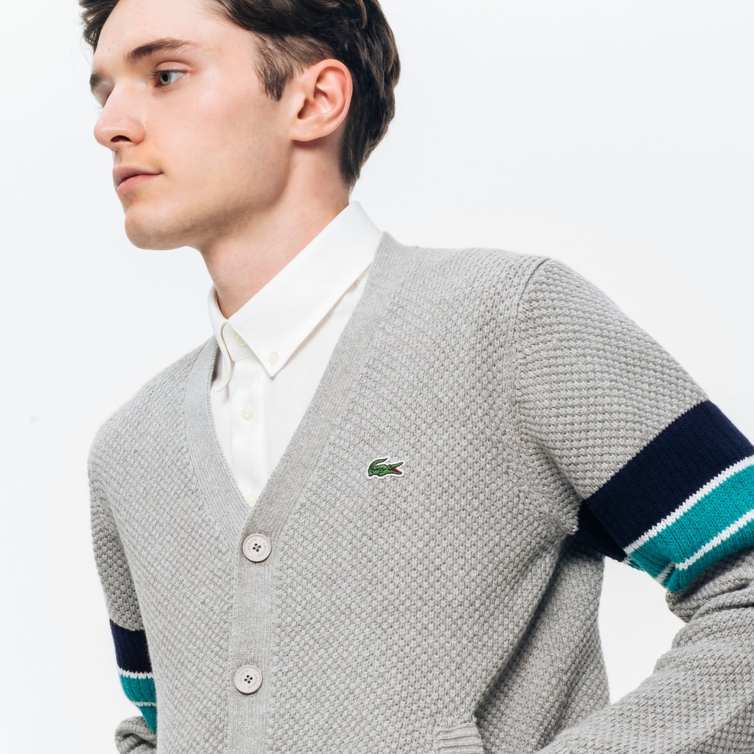 ラコステ LACOSTE ライトコットン Vカーディガン （チャコールグレー 