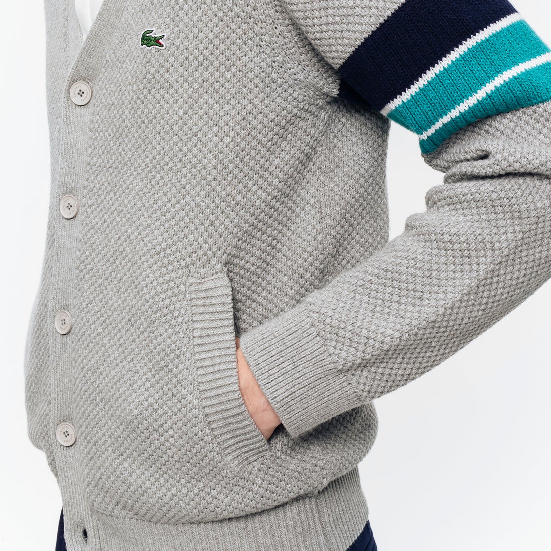 ラコステ LACOSTE ライトコットン Vカーディガン （チャコールグレー 