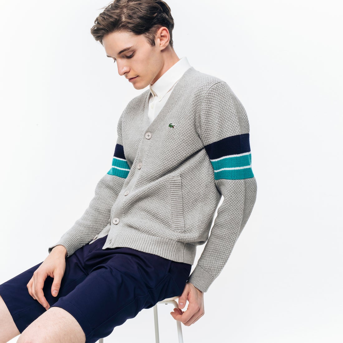 ラコステ LACOSTE ライトコットン Vカーディガン （チャコールグレー 