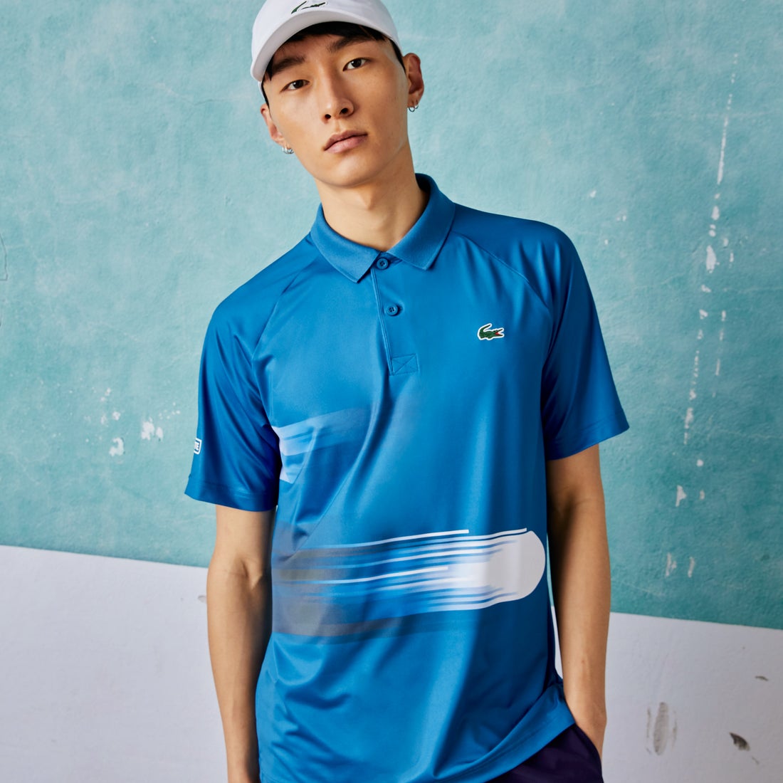 ラコステ LACOSTE 「ノバク・ジョコビッチ」テニスボールグラフィックウルトラドライポロシャツ （ブルー）