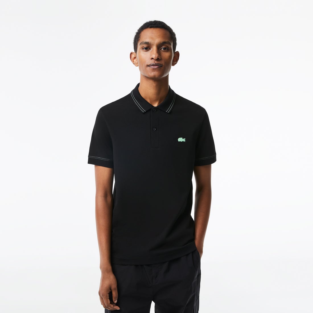 ラコステ LACOSTE 配色ステッチ鹿の子地ポロシャツ （ブラック 