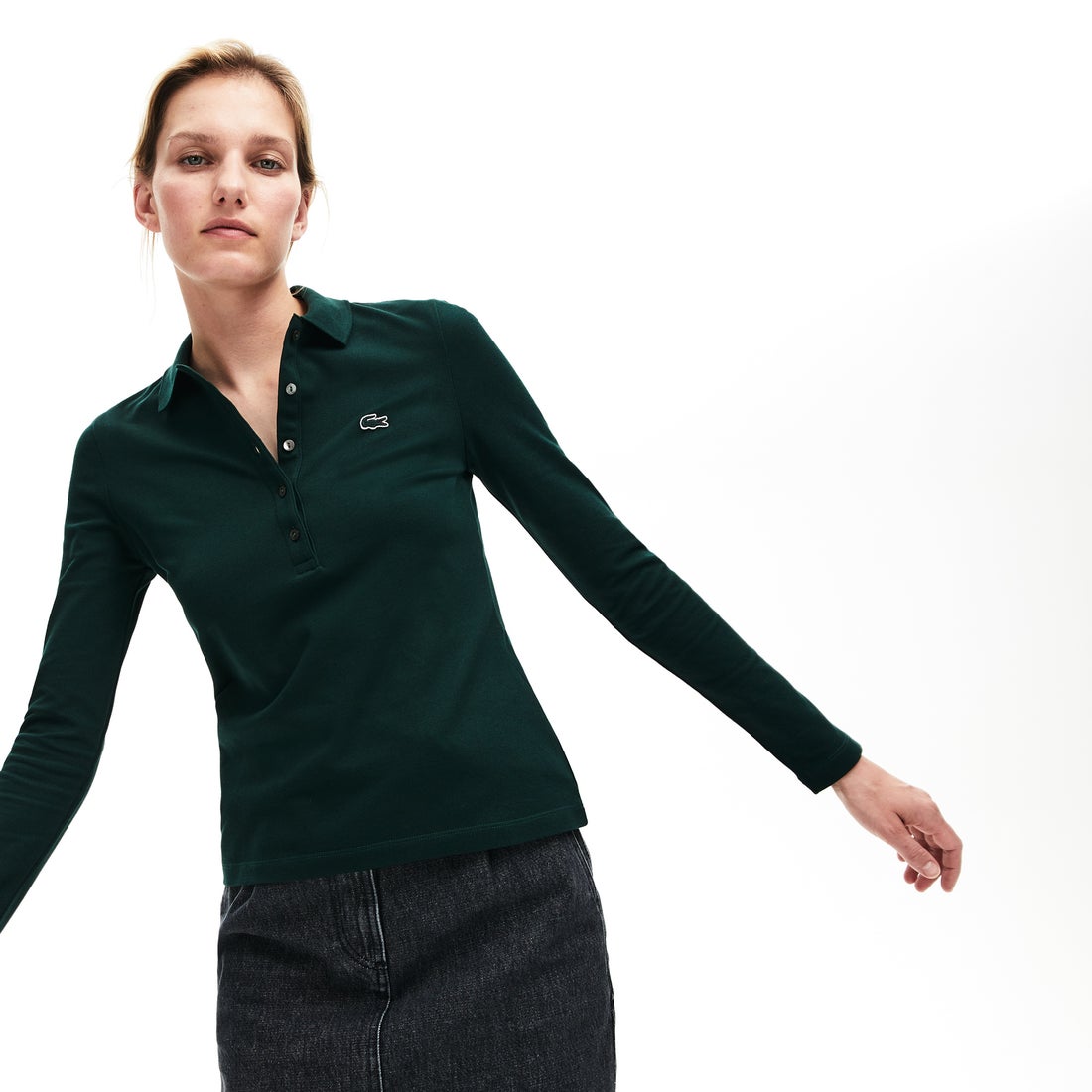ラコステ LACOSTE ストレッチ ポロシャツ (長袖) （ダークグリーン 