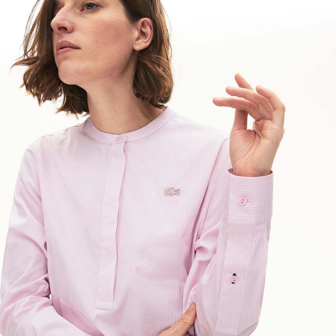 ラコステ LACOSTE マオカラーストライプブラウス （ピンク） -靴 