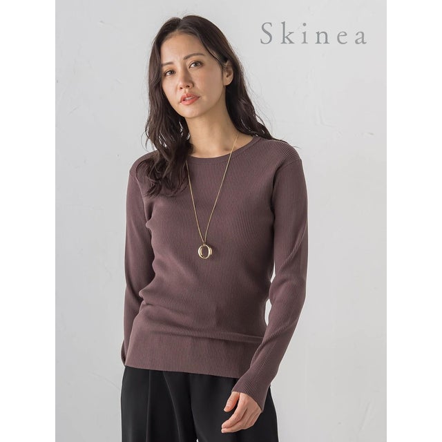 【Skinea】≪着るスキンケア≫リブクルーネックニット （ブラウン）