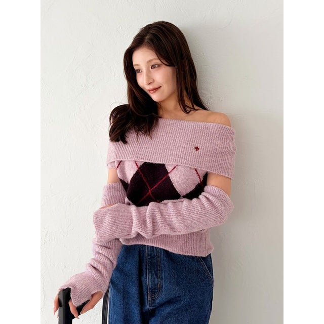 【POLO BCSコラボ】アーガイルオフショルニットプルオーバー （ピンク）