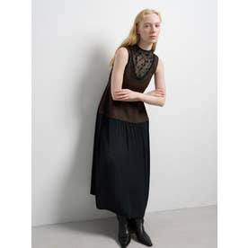 プリーツコンビマットサテンワンピース （ブラウン）