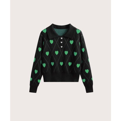ラポミ プチ LA POMME petit Argyle Heart Embroidery Knit （Black）｜詳細画像
