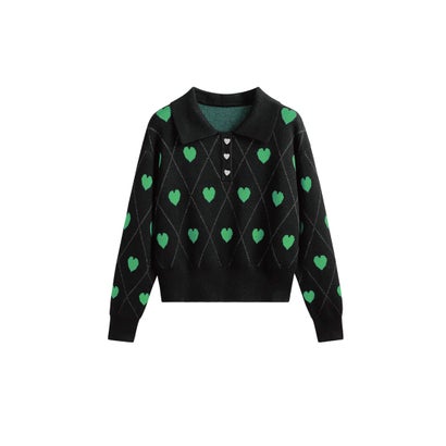 ラポミ プチ LA POMME petit Argyle Heart Embroidery Knit （Black）｜詳細画像